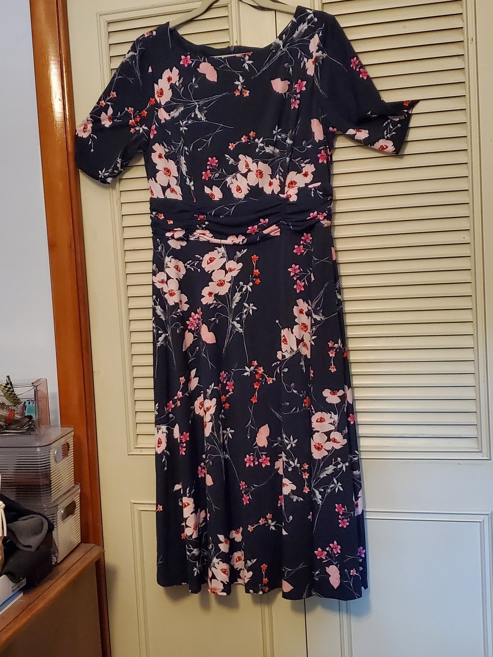 Navy Floral Midi Dress with Pink Blossom Accents
